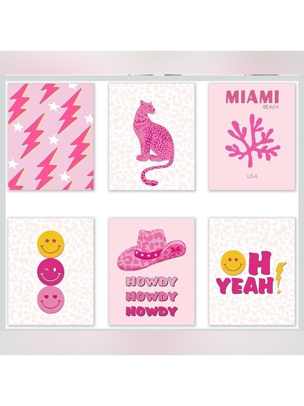 6 Pc Pink Aesthetic Wall Art Set 11x14 - Cowgirl, Leopard, Smiley Canvas Prints - Picture 4 of 4